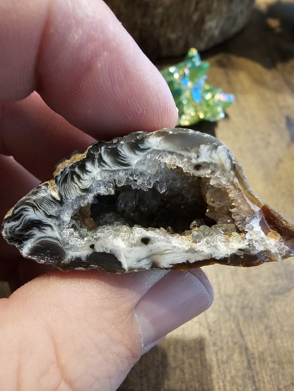 Polished Agate Geode Slice with White Crystal Center